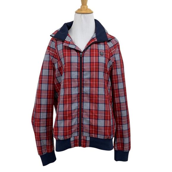 K-Swiss Jacket Mens S Small Red Plaid Full Zip Mesh Lined Hidden Hoodie Bomber - Picture 1 of 13